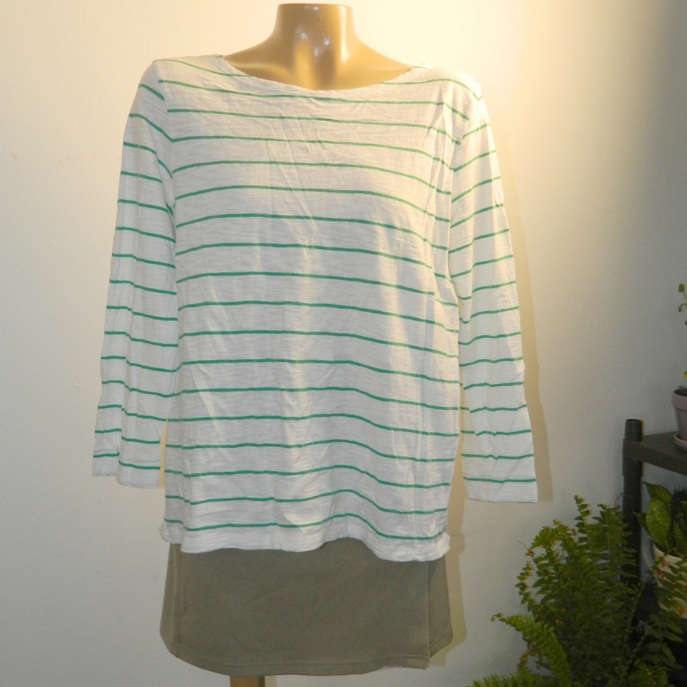 Lilla P Striped Top Womens Large White Green Long Sleeve Cotton Boat Neck Tee